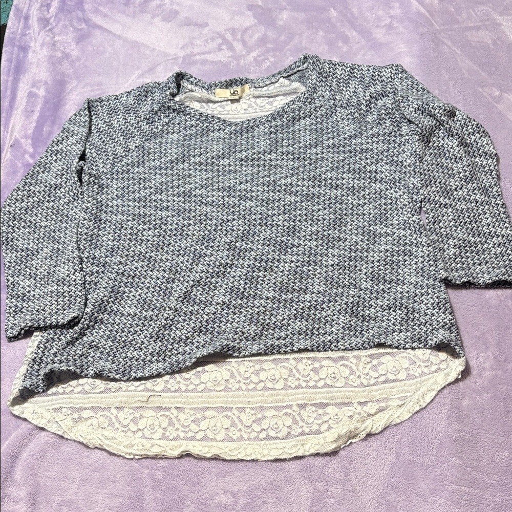 Ya Los Angeles Blue and White Lace Hem Top